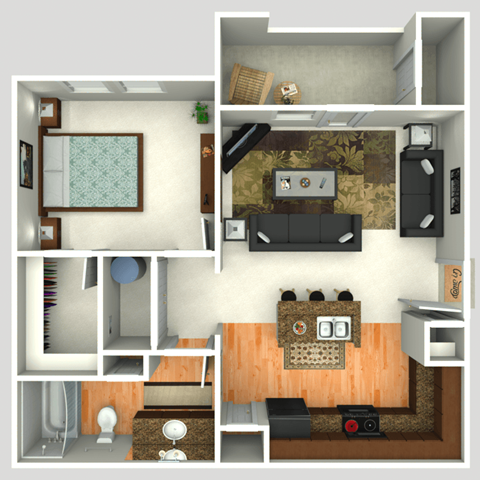 3D Floorplan of 1 Bedroom at Twin Creeks at Alamo Ranch Apartments, Texas
